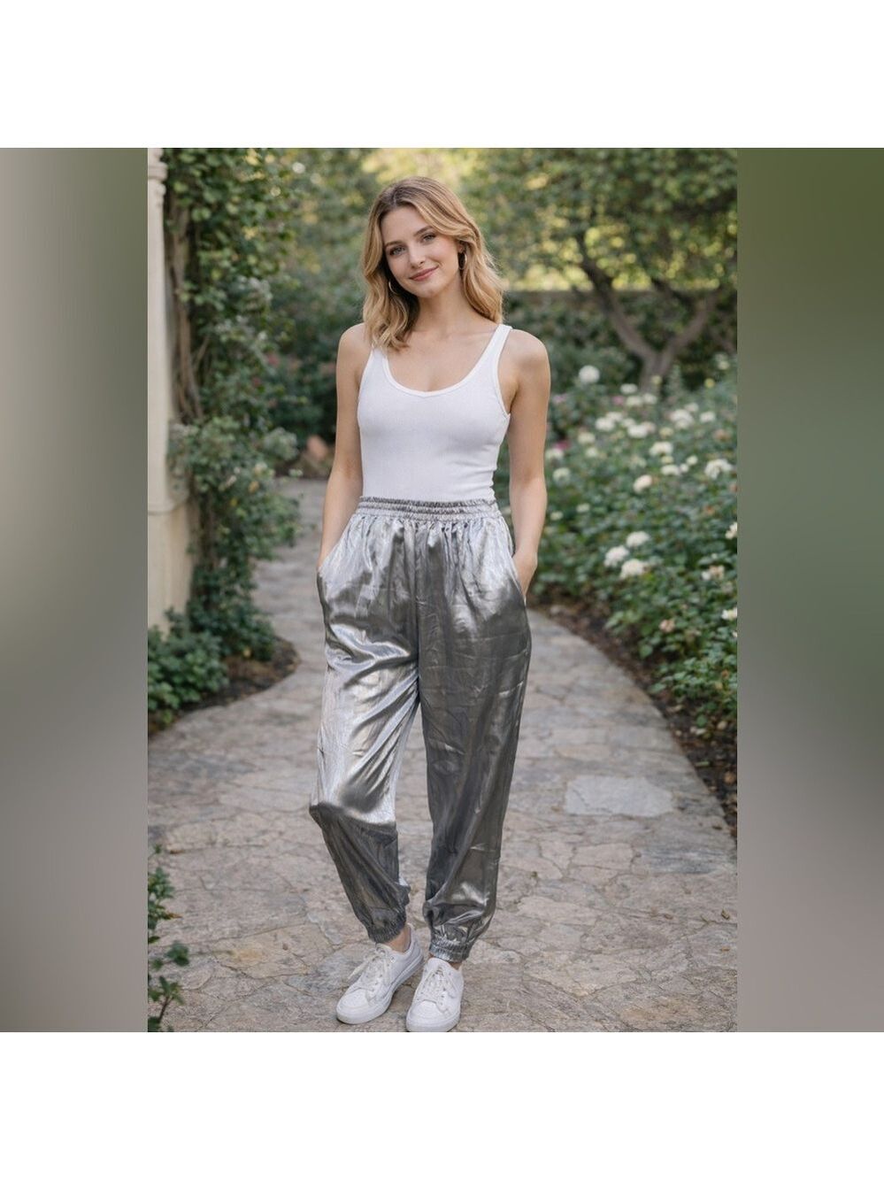 Vintage 90s Silver Shiny Pants 70s Made in USA Mirror Slacks festival 80s party